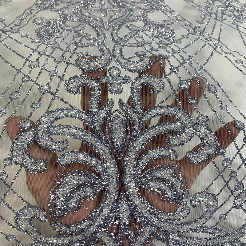 Factory wholesale nigerian tulle mesh glitter crystal sequins wedding dress embroidery dance dress lace fabric