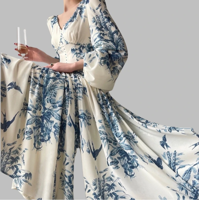 Floral Dress Long Puff Sleeve Dress For Women Printed Decorated Ballroom Dance Gown Formal Woman Clothing