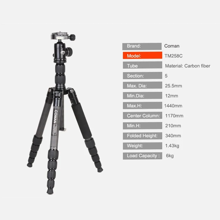 Zhongshan Coman professional carbon fiber camera tripod for digital camera compact high quality