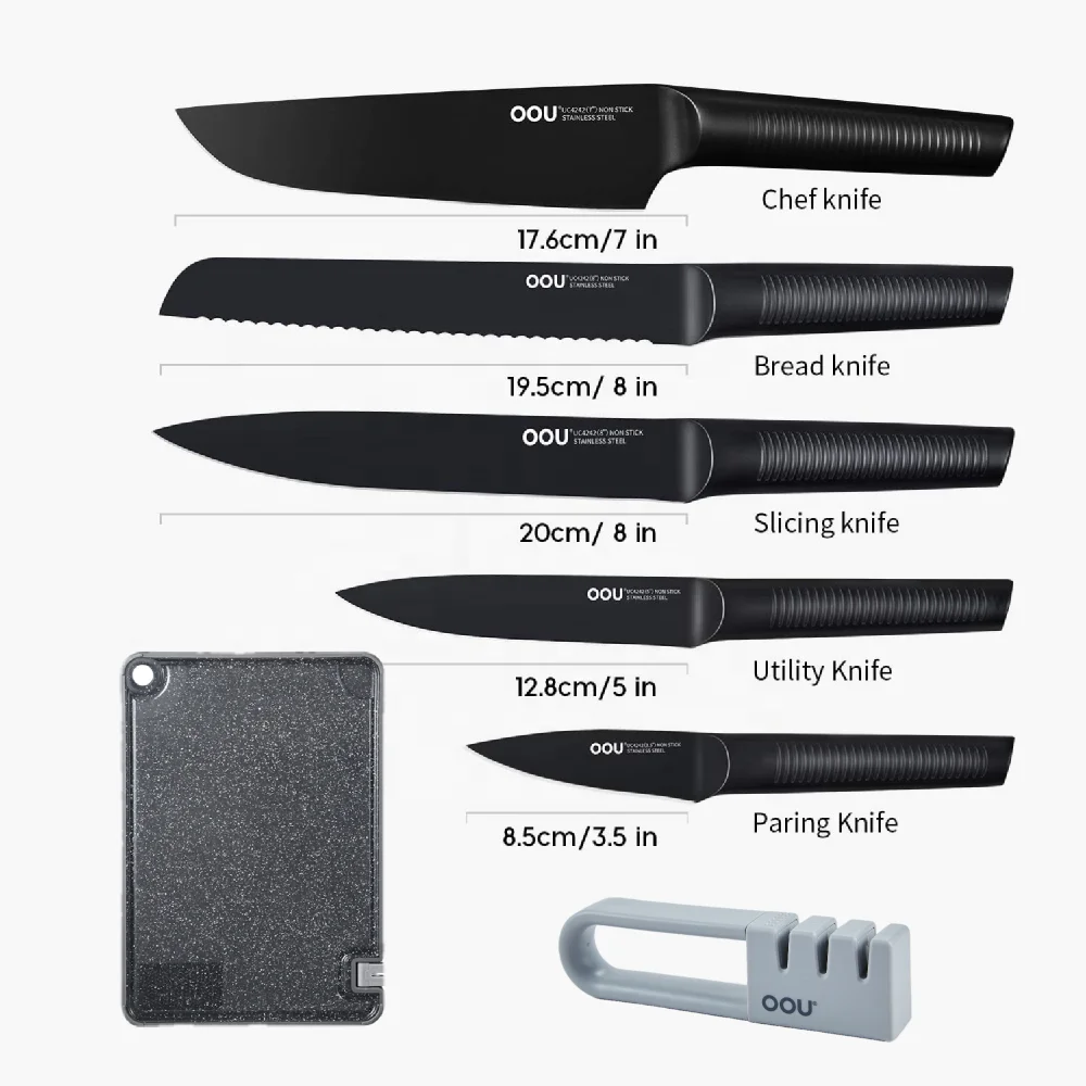
OOU amazon top seller BO Oxidation Patent black shark series 7pcs kitchen chefs knife set with cutting board 