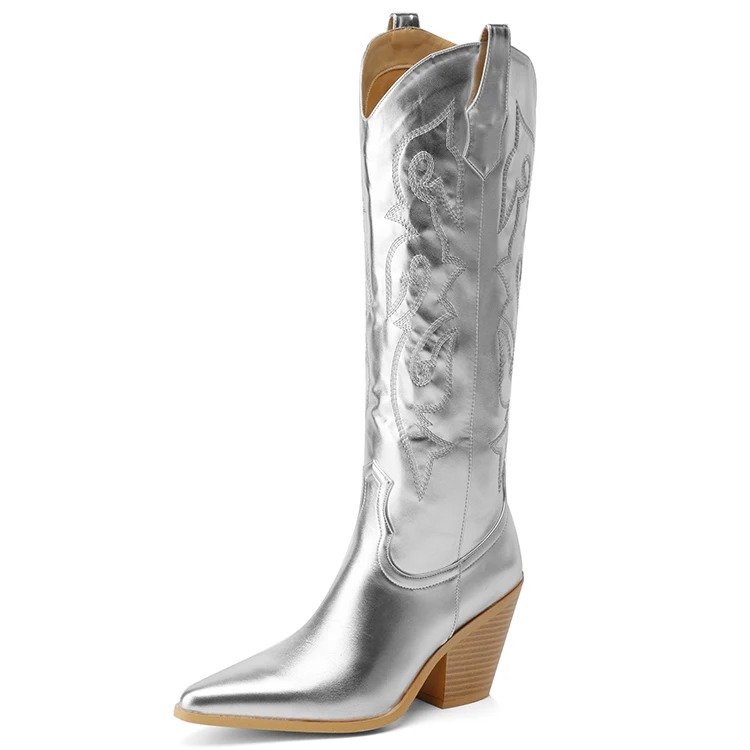 Женская обувь 2023 осенне-зимние фабричные Длинные женские сапоги элегантные до колена с вышивкой острым носком на высоком каблуке серебристого цвета