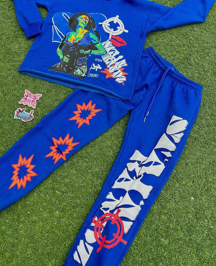 Custom 3D Puff Printing Tracksuit Cotton French Terry Raw Hem Hooded Track Pants Sportswear Sweatpants and Hoodie Jogger Set