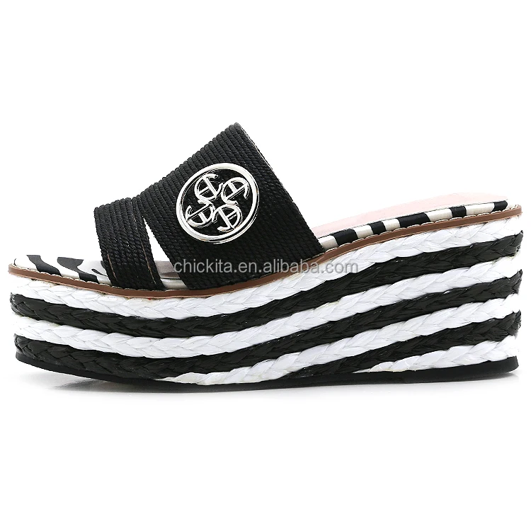 Lady two band Rope braided vamp upper  with trendy rround buckle  on braid woven Espadrille woman square toes wedge lady sandal