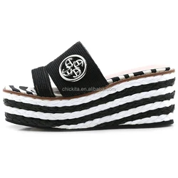 Lady two band Rope braided vamp upper  with trendy rround buckle  on braid woven Espadrille woman square toes wedge lady sandal