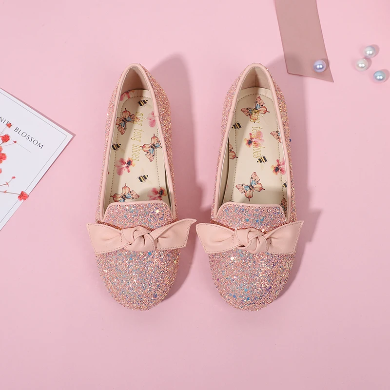 Factory wholesale girl crystal princess bowtie single shoe flat sequined girl party casual shoes