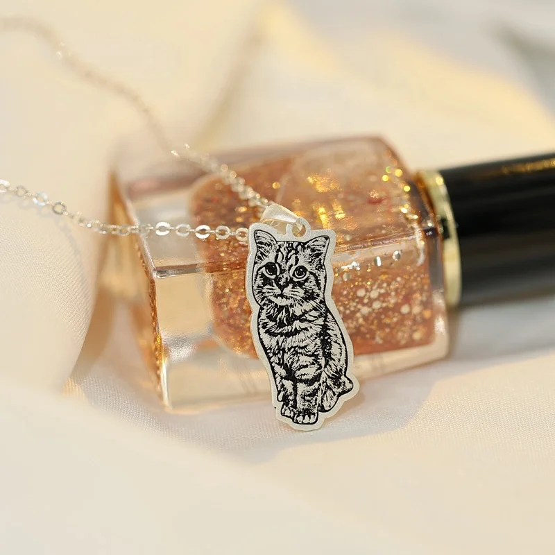 925 Silver Pets Portrait Necklace Personalized Memorial Gifts Custom Cat Dog Animal Photos Pictures Engraved Jewelry Necklaces