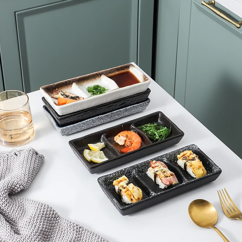 Japanese Style Glazed 3 Compartment Ceramic Sauce Dish Rectangular Sushi Mustard Dipping Soy Saucer