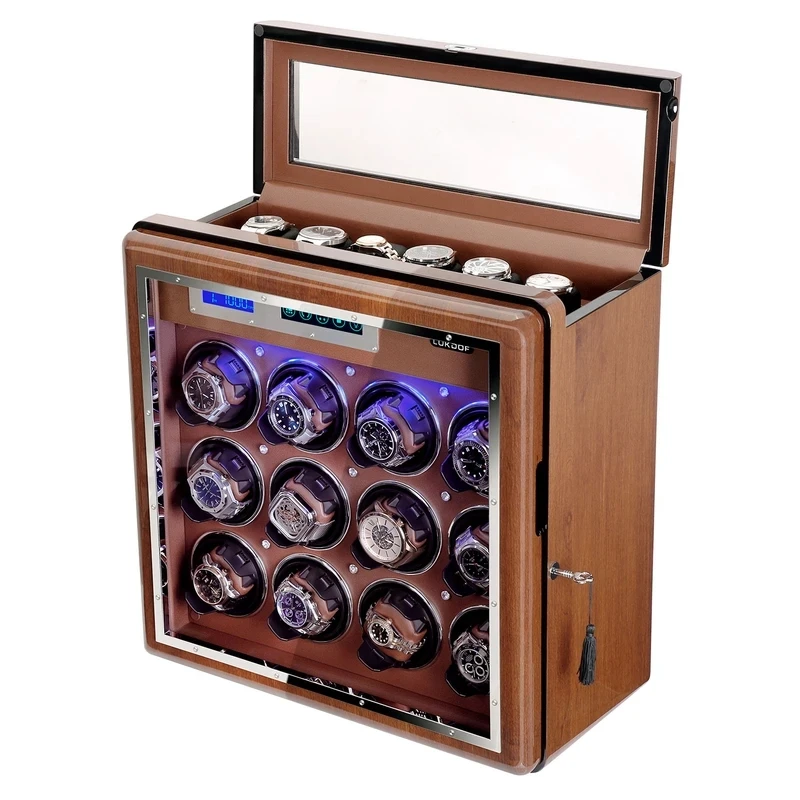 wholesale custom luxury battery transparent 12 rotating case high end quality wood display stand cabinet watch winder box