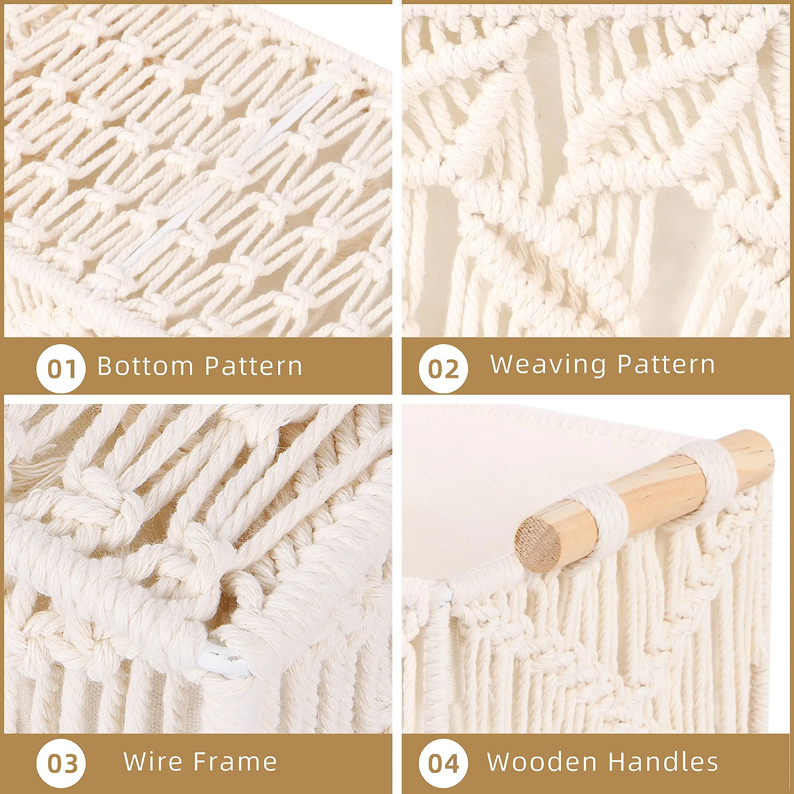 Macrame Storage Baskets Sets 2 Handmade Woven Cotton Rope Storage Bins Decorative Boxes with Wood Handlesfor g