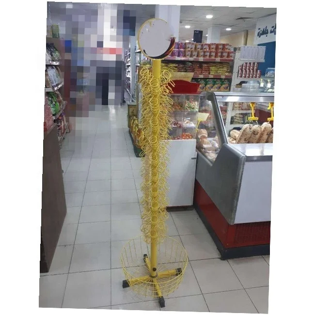 RUIMEI Rotating Candy Display Rack For Retail Store Yellow Candy Racks Display With Baskets For Supermarket Shop