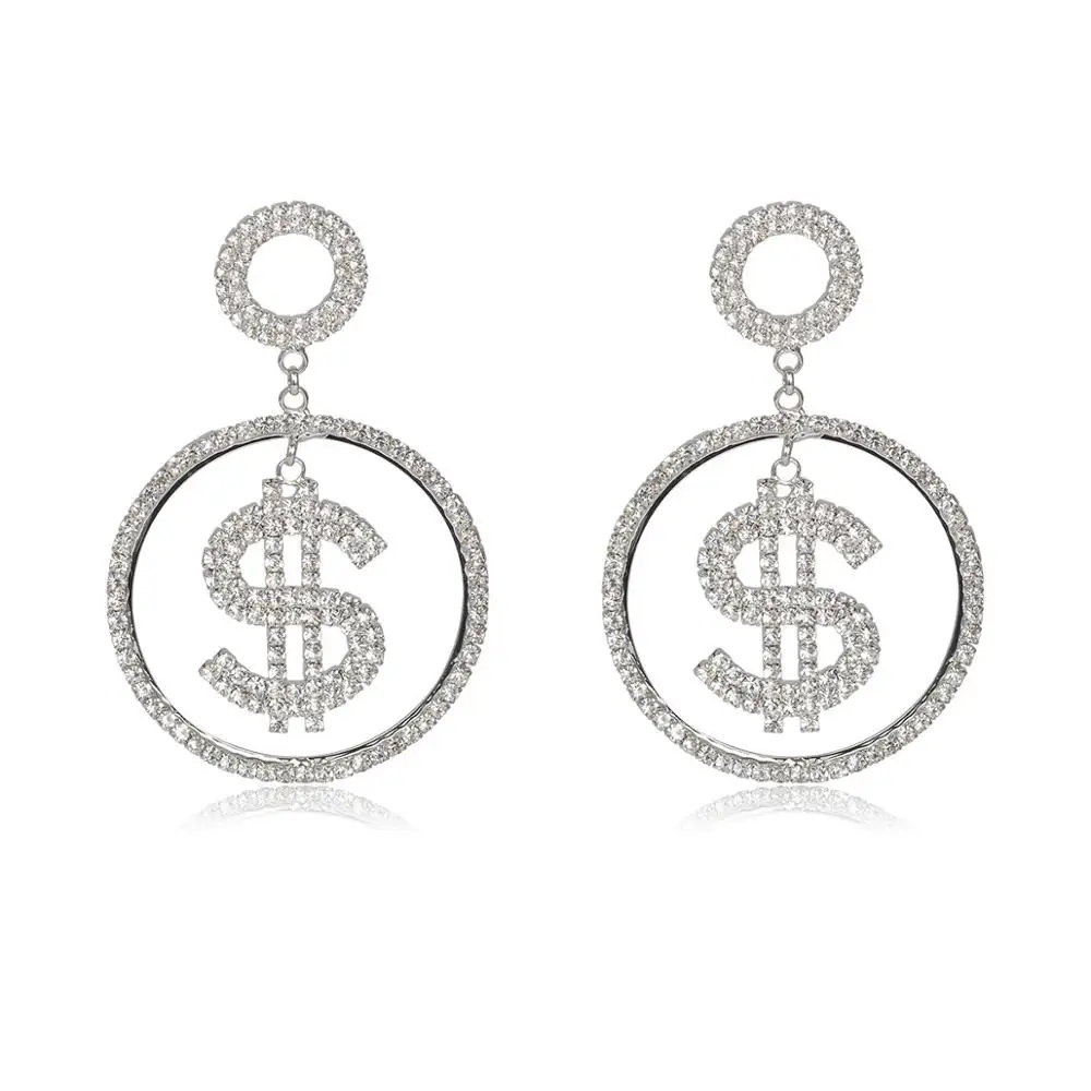 Punk Exaggerated Full Rhinestone Dollar Sign Hanging Dangle Earrings Long Shiny Crystal Dollar Earrings