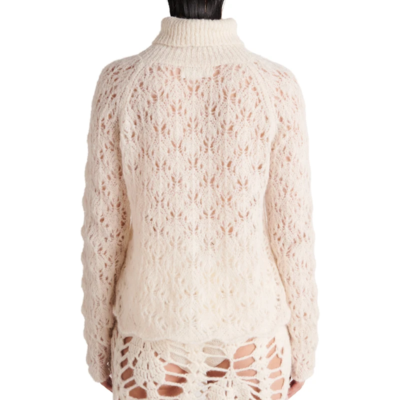 Light knit Ivory sweater with turtleneck and sheer open hollow o neck knitwear crocheting cut out knit sweater