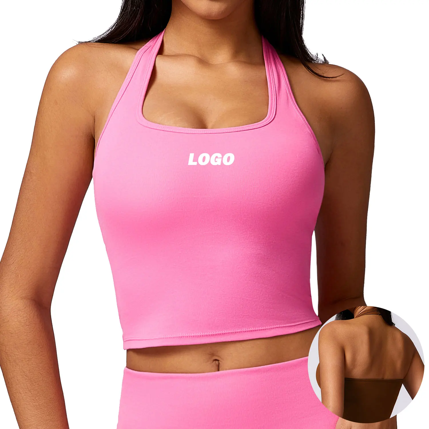 Custom Wholesale Ladies Cotton Gym Backless Sports Bra Yoga Workout Padded Crop Tops Fitness Naked Feeling Halter Tank Tops