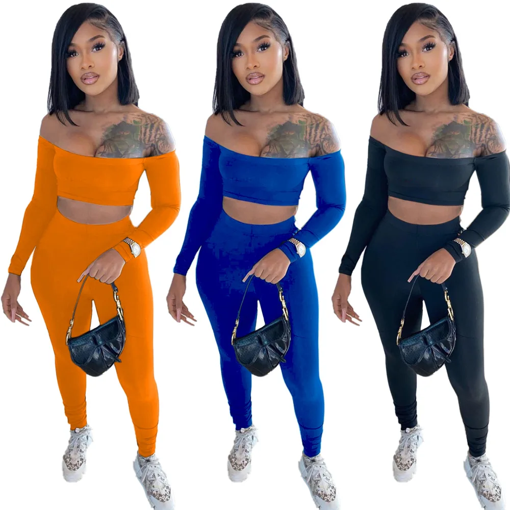 2022 women clothing Solid Woman Match Set Casual Crop Top And High Waist Sweat Pants Sexy Two Piece Pant Set