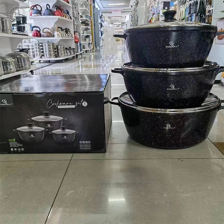6PCS 36/40/44CM Big Pots Kitchen Nonstick Granite Coating Black Cookware Sets Non Stick Aluminum Cooking Pot Set