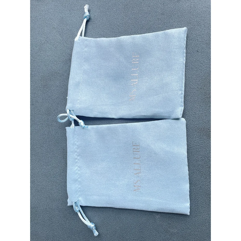 Custom Logo light blue Velvet Suede Jewelry Bag Gift Packaging Drawstring Pouch with silver printing