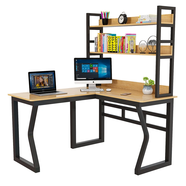 Furniture L Shaped Metal Frame Wood Writing Desk Table Home Large Corner Studio Computer Desk