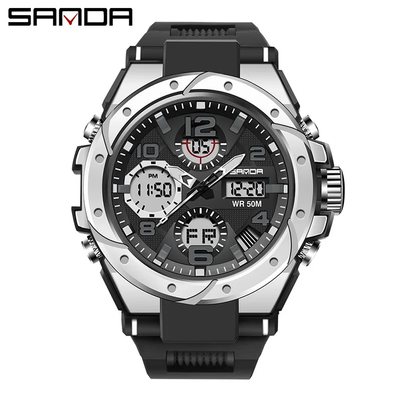 Preferred Sanda 6008 Large Black Dual Display 5ATM Waterproof 12/24 Hour LED Night Light Digital Watch Outdoor