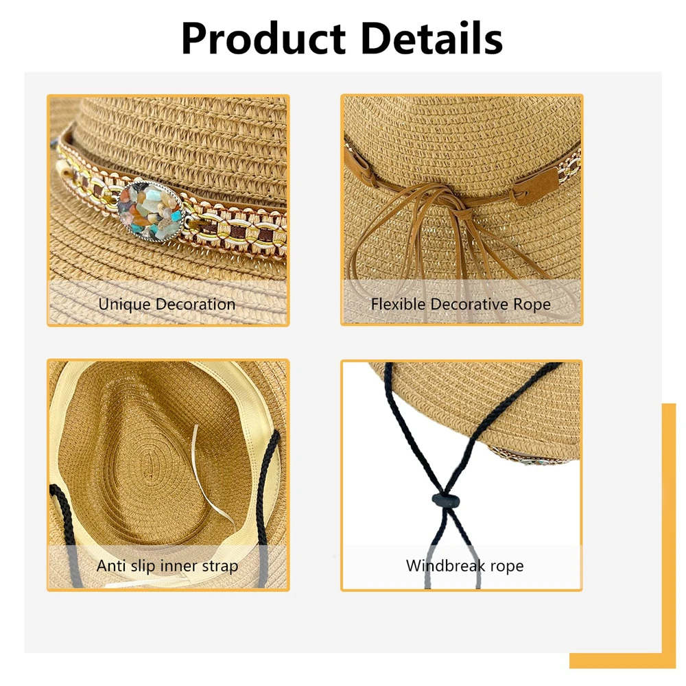 Women Straw Cowboy Hats Sparkly Western Cowgirl Hat For Holiday Foldable Vacation Beach Sun Hat With Wide Brim For Summer