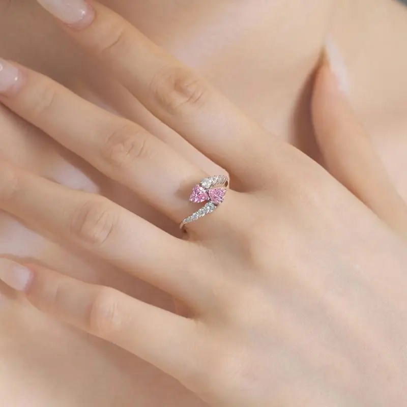Dylam Oem Odm S925 Silver Pink Blue Sapphire Cubic Zircon Ring Two Stone Heart Bridal Promise Engagement Wedding Rings For Women
