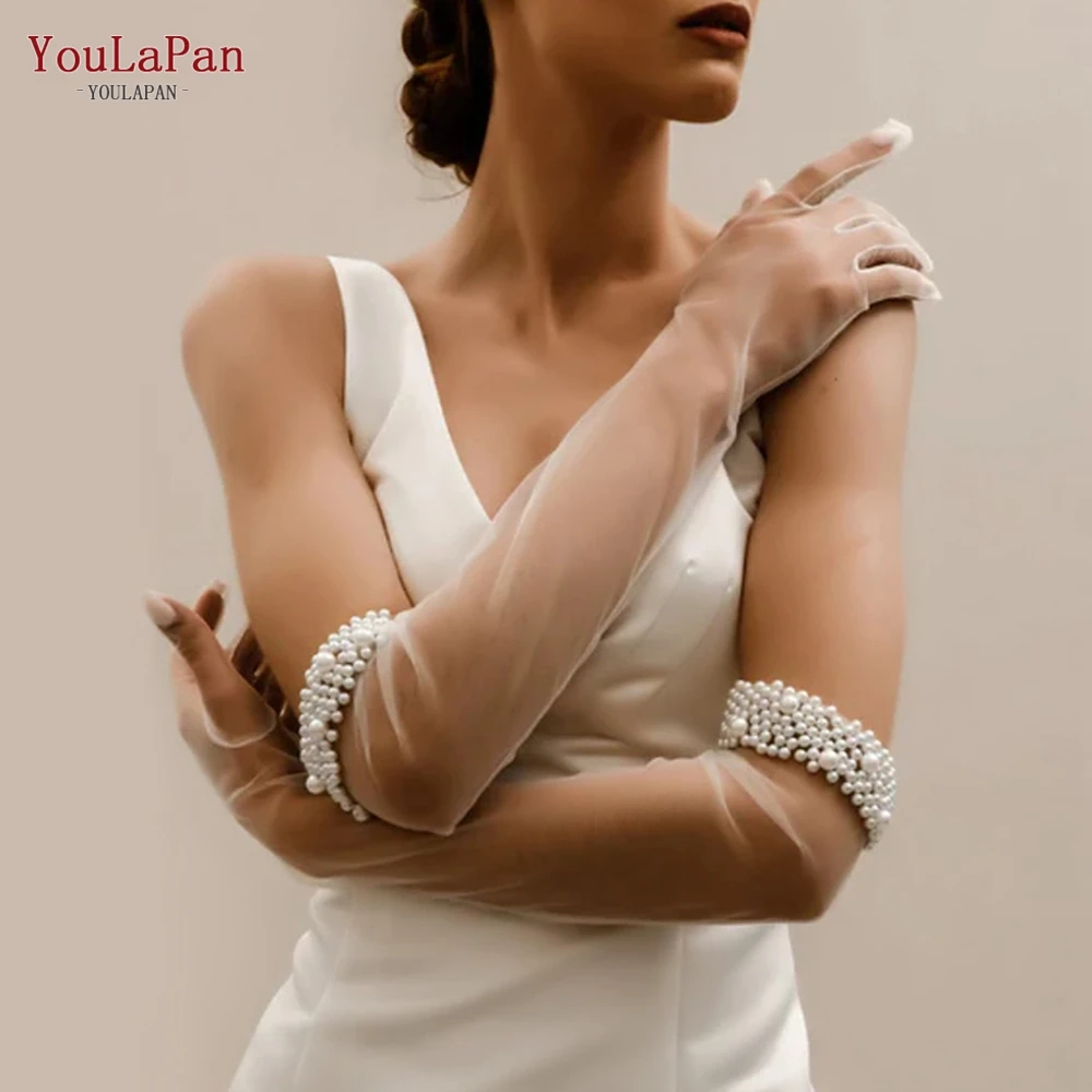 YouLaPan VM01-A Bachelor Party Accessories Clear Mesh Wedding Gloves Pearl Elbow Length Full Finger Bridal Gloves