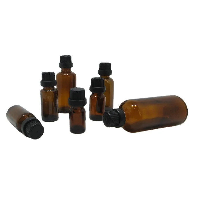 OEM Wholesale amber essential oil bottle 5ml 10ml 15ml 20ml 30ml 50ml 100ml DIN18 brown amber glass bottle with tamper proof cap