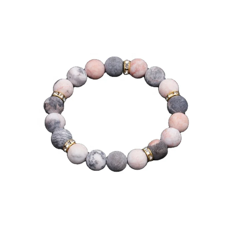 Women Dainty Zebra Stone Bracelet 10MM Matte Bead with Crystal Rondelle Gold Plating Elegance Bracelet Jewelry
