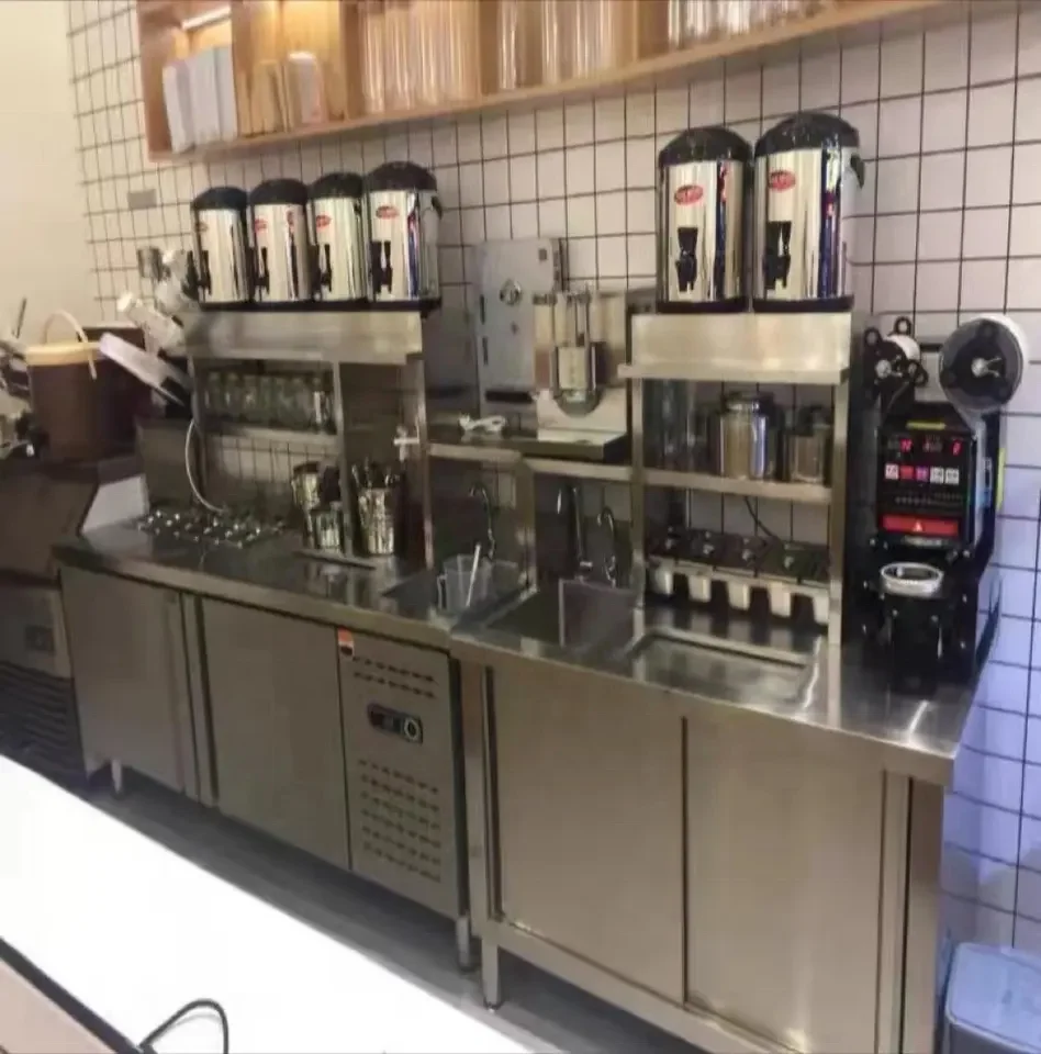Cooling Refrigerator Workbench for Dessert Beverage Tea Shops Water Bar Table and Milk Tea Counter for Bubble Tea Shops