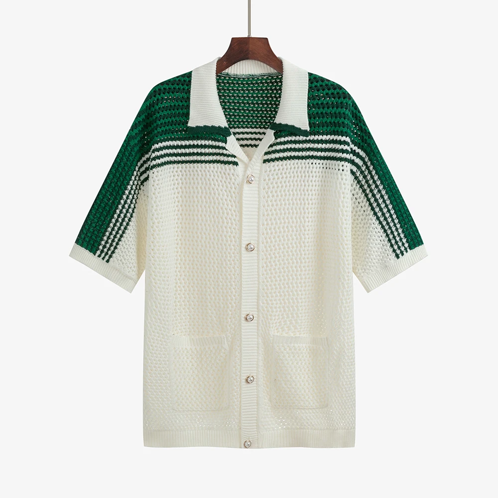 Custom men knit sweater shirt summer Hollow Out cardigan knitwear short Sleeve V-neck knitted sweater polo shirt for men