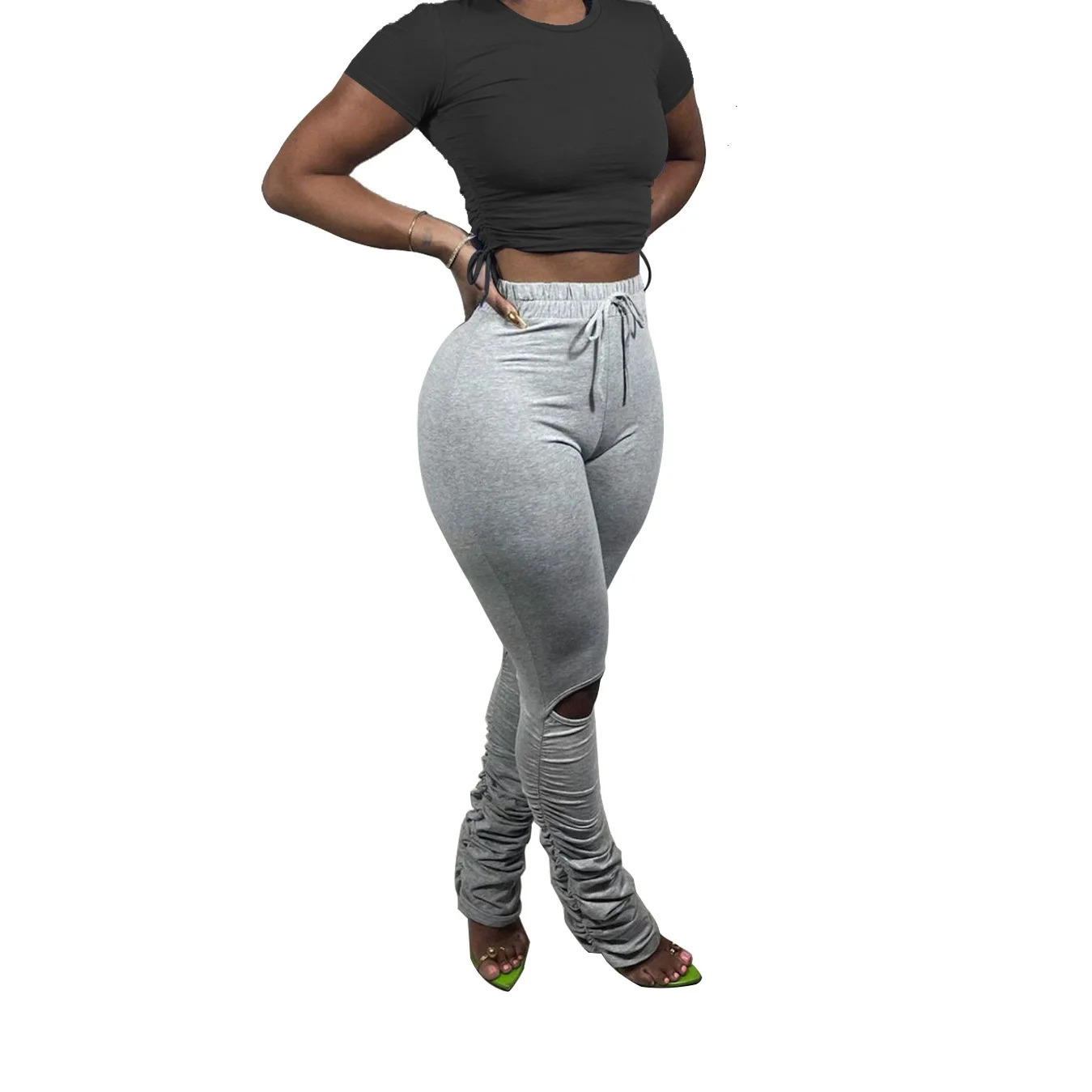 Штаны с высокой талией, летняя одежда для женщин, сексуальные обтягивающие леггинсы на шнуровке, спортивные штаны для бега, брюки с рюшами