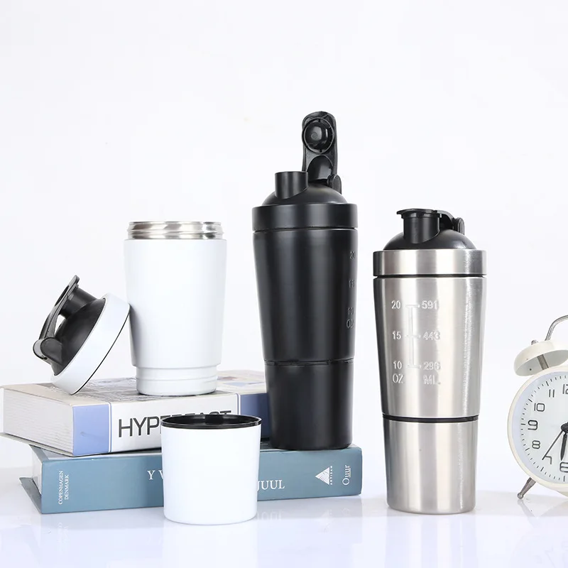 2 compartments stainless steel shaker bottle 600ml protein shaker with cup