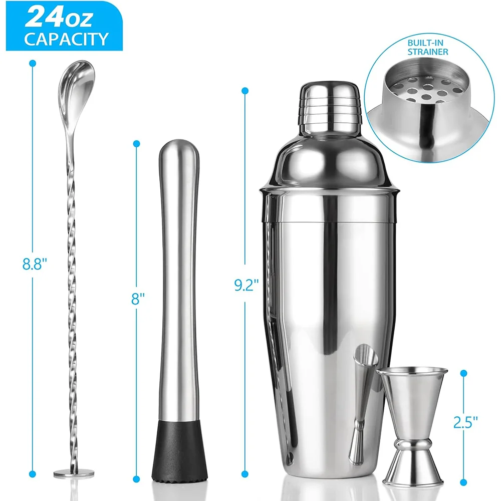 2025 Cocktail Shaker Set Bar Bartending 24oz Martini Shaker With Strainer Muddler Measuring Jigger Mixing Spoon Margarita Tools