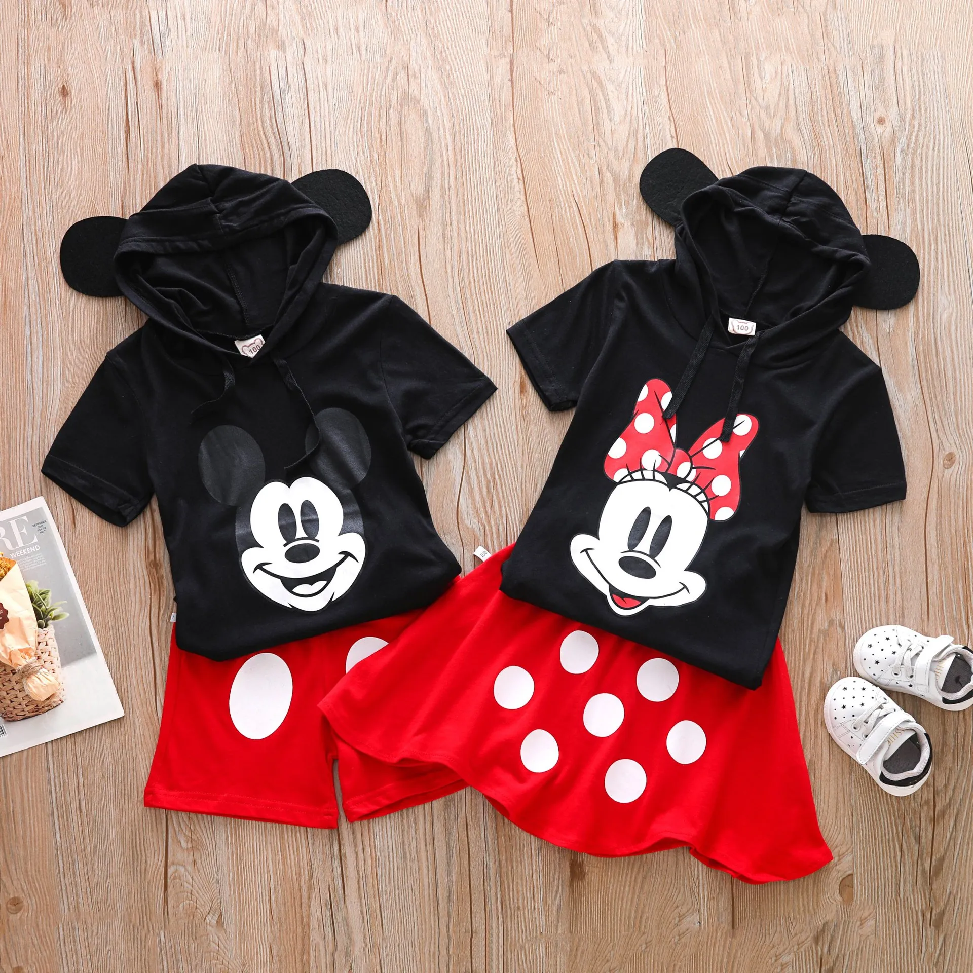 Boys and Girls Mickey Hooded Short Sleeve Shorts Skirt Set for Kids