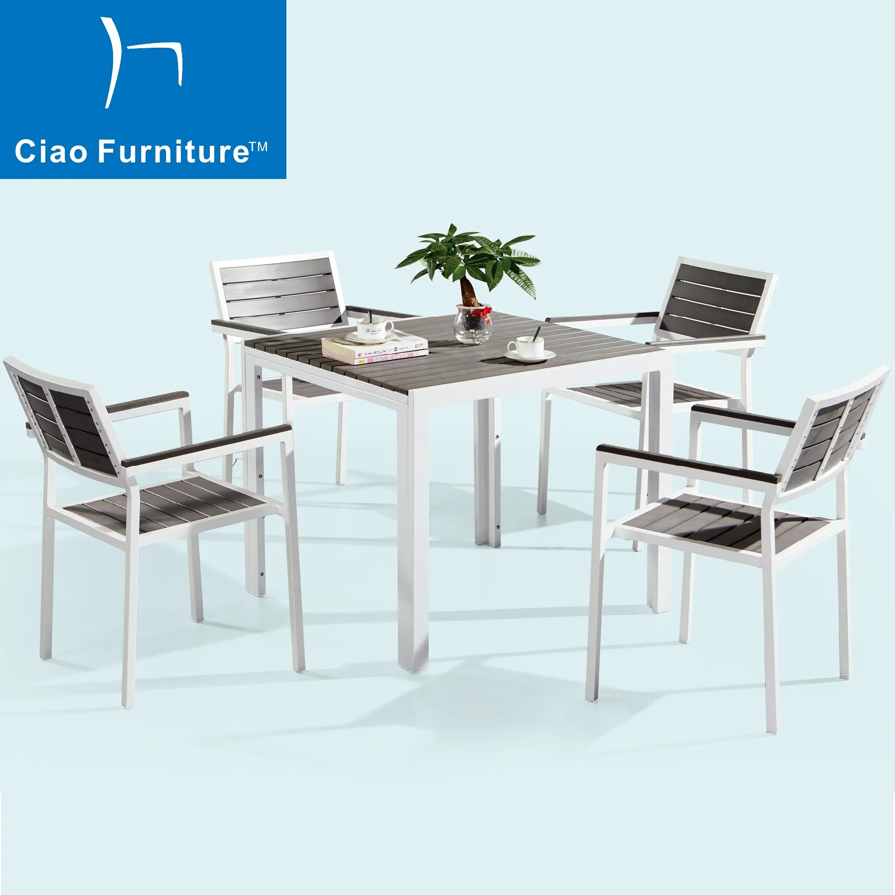 Hot Selling Outdoor Restaurant Terrace Furniture Faux Wood Patio Dining Table and Chair Set