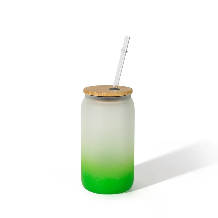 New Arrival 16oz Frosted Glass Gradient Color Bottom Soda Can Coke Can Mug With Bamboo Lid