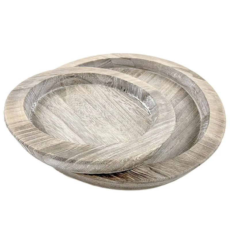 Wood Tray Wooden Fruit Candy Snack Round Plates,Home Decor,Carbonized,Archaize,Set of 2,Large and Small