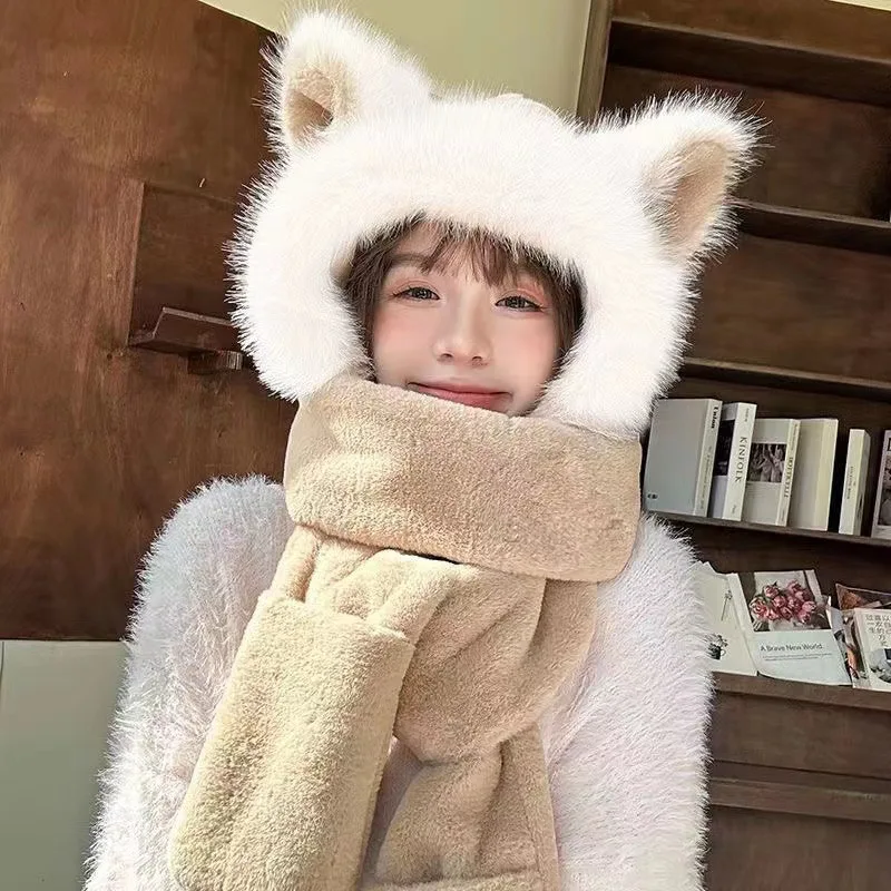 Fuzzy Animal Ear Hat Scarf Set IN Multiple Colors Winter Hoodie Hat Scarf Gloves Set