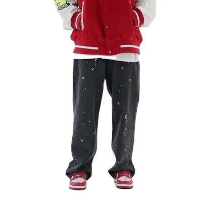 Latest Design Black Trousers Straight Leg Original Star Embroidered Loose Comfort Fashion Pants Of Man