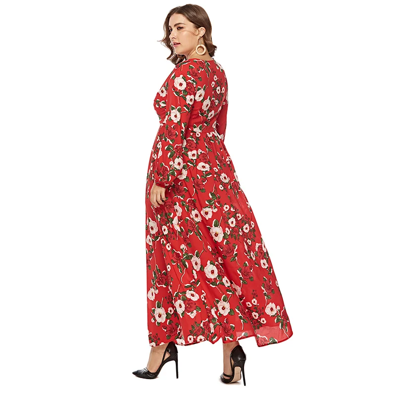 newest design autumn long sleeve printed chiffon plus size women dress