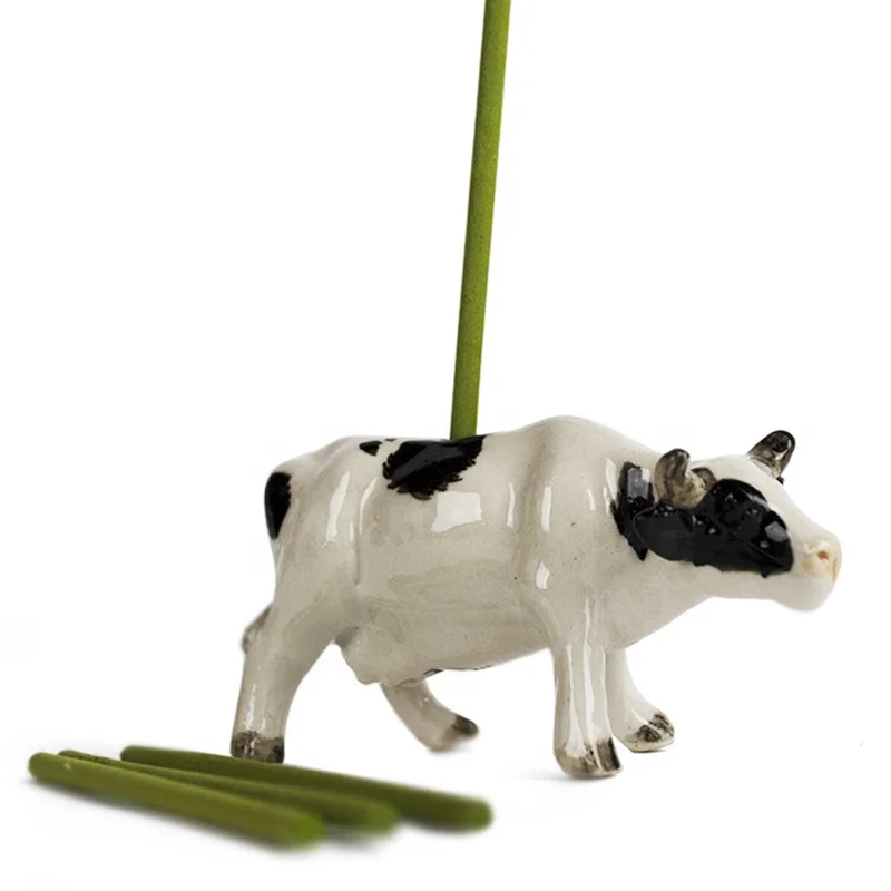 Custom handmade home decor animal themed incense burner gift mini ceramic cow figurine incense stick holder