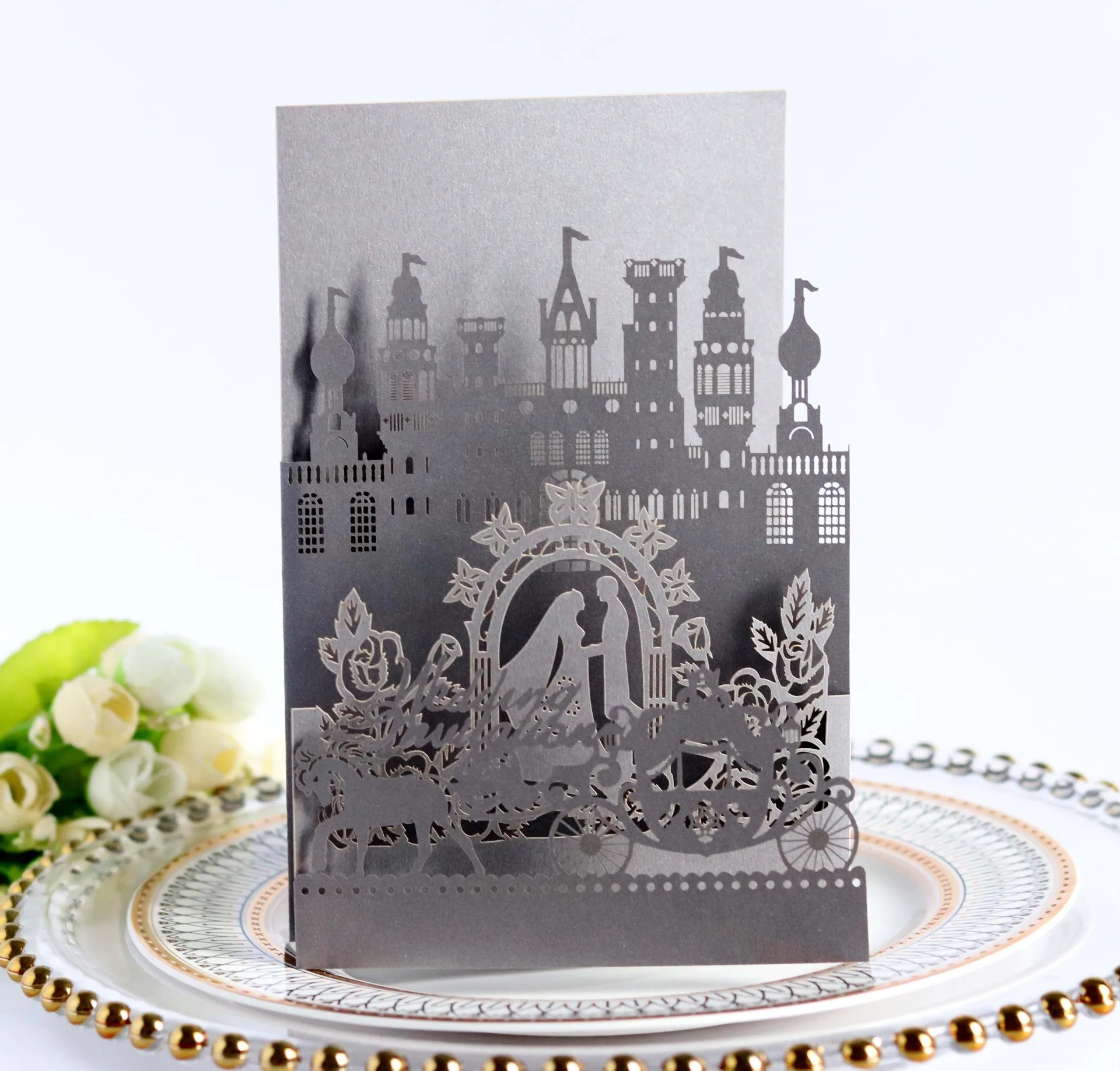 Wholesale Castle Carriage Wedding Cards Cutout Design Greeting Cards With Envelope