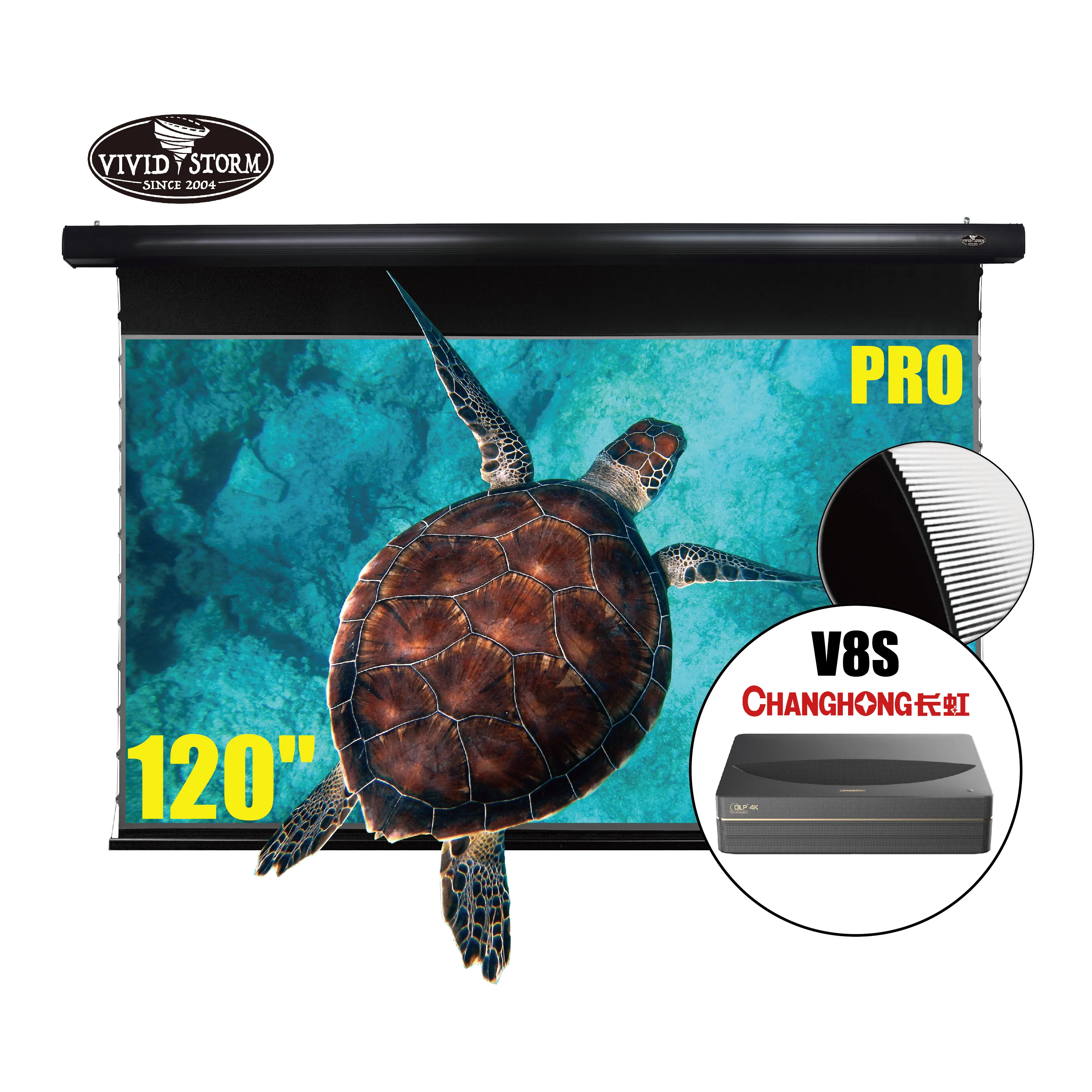 VIVIDSTORM PRO Slimline 120 inch Drop Down screen electric wall/ceiling mounting UHD/4K PET Crystal with CHANGHONG V8S projector
