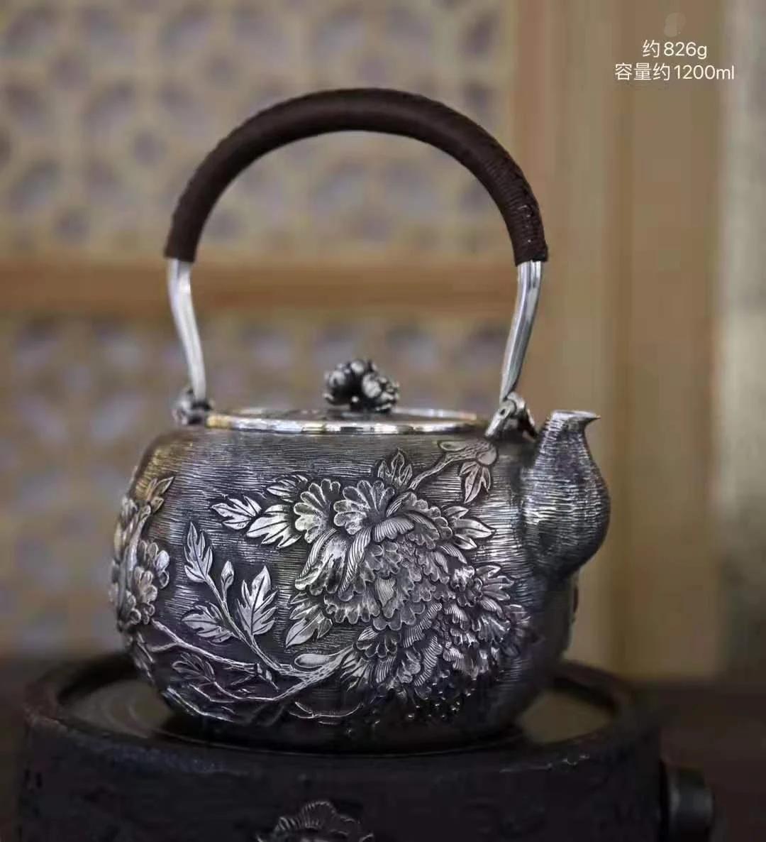 Antique Chinese heritage hand-carved tea set Large-capacity Du Dan embossed kettle