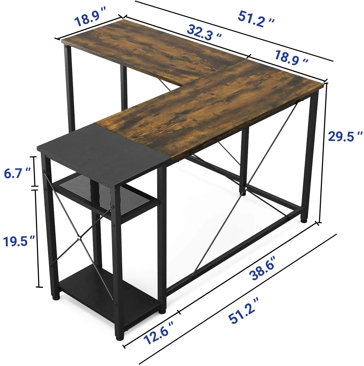 Rustic Brown/Black L-Shaped Large Gaming Desk 2 Person Table for home office Computer desk Writing Gaming Gamer Command Center