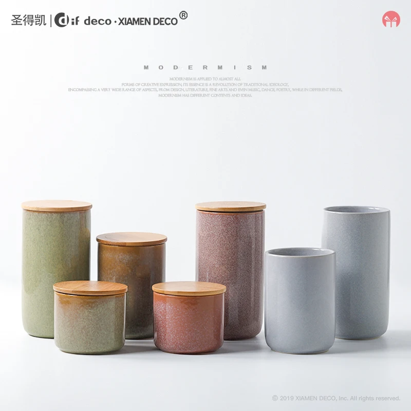 Reactive Glaze Porcelain Cans Kitchen Food Storage Salt Sugar Tea Container with Bamboo Lid