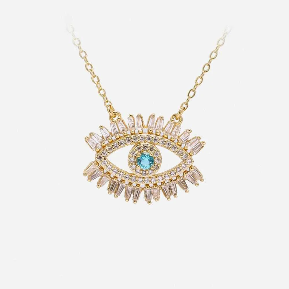 Wholesale Women Fashion Accessories Korean Gold Plated Colored Zirconia Blue Devil Eyes Brass Pendant Jewellery Necklace