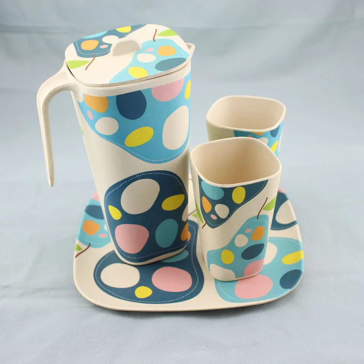 bamboo fiber fashion eco-friendly blue printed color cup bowl plate jug dinner set