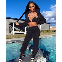 D12519 Fashion personality street trend hooded tops loose trousers winter clothes 3 piece set women sweatsuit 2021