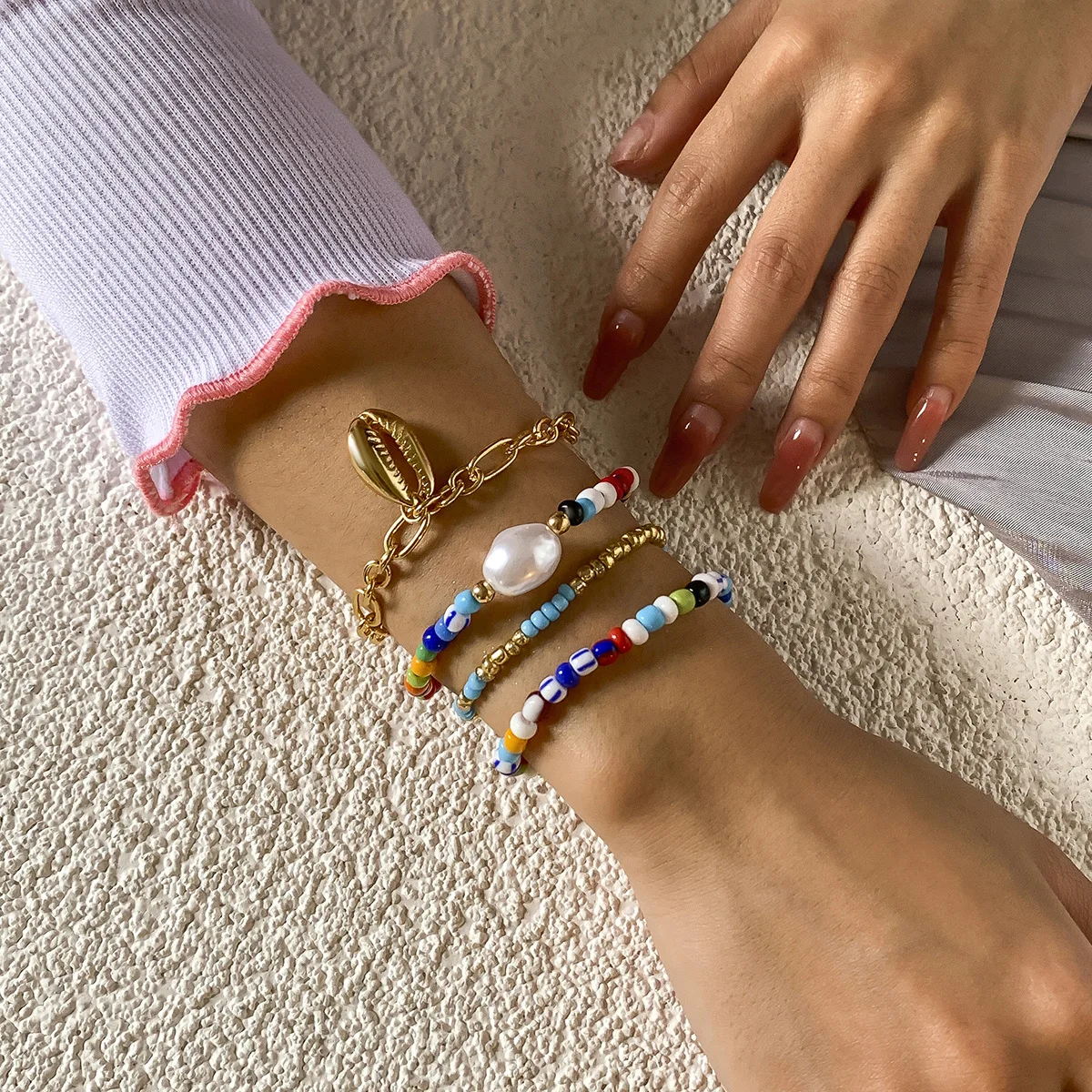 Dropshipping Designer Charms Woven Bracelet Women Rainbow Seed Bead Pearl Gold Shell Dangle Bracelet Set