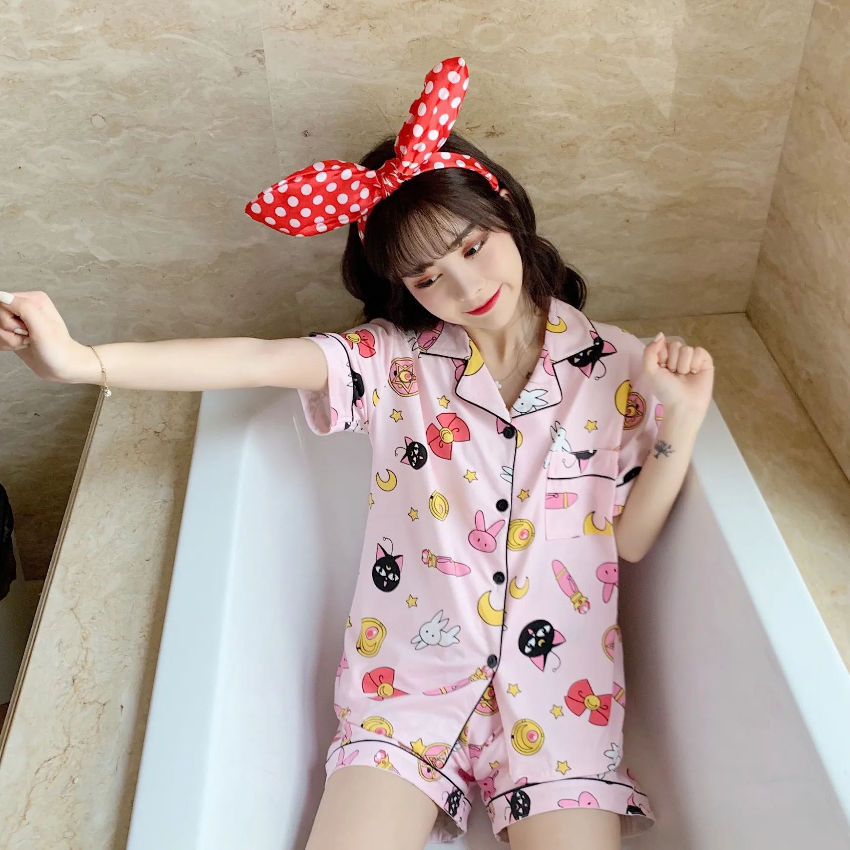 2021 New Short Sleeve Pajamas Set for Women Polyester Silk Sleepwear 2Pcs Nightwear Cute Print Homewear Summer Lounge Pyjamas